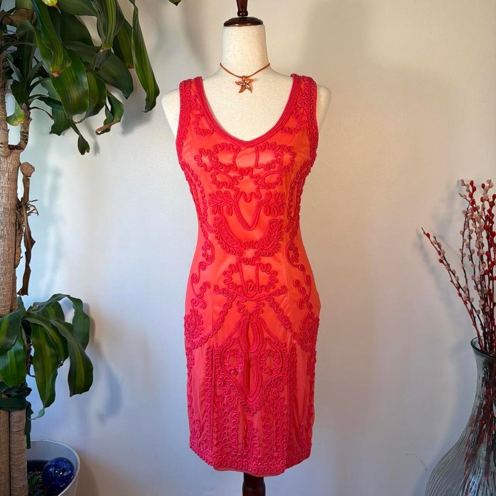 T&W Designs Coral Crochet Mesh Midi Dress Orange Boho Embroidered Wedding Guest